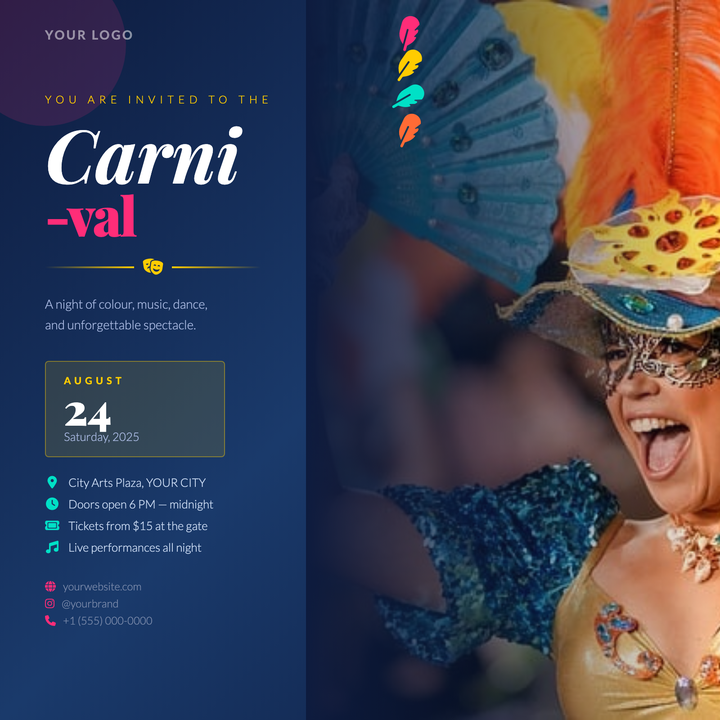 A bold split-layout flyer built on deep navy, with a full-bleed photo panel softened by an inset gradient scrim.