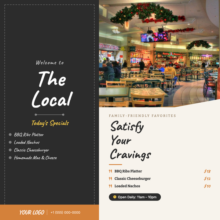 A dual-panel chalkboard-and-cream layout built for neighborhood diners, pubs, and casual cafés.