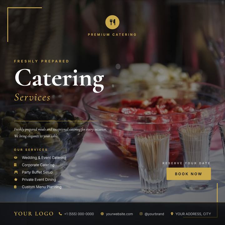 A cinematic full-bleed food photo anchors this upscale catering flyer, with a dark gradient overlay ensuring legibility across bold Cormorant Garamond headlines at 92px.
