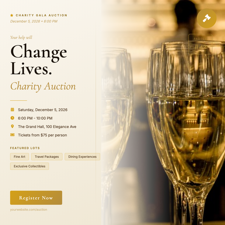 A split-column layout pairs a warm parchment left panel with a full-bleed lifestyle photo, unified by a seamless gold scrim.