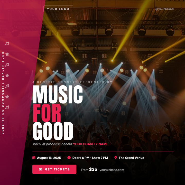 A dramatic full-bleed stage photo with a deep gradient scrim keeps the atmosphere alive while ensuring sharp text contrast.