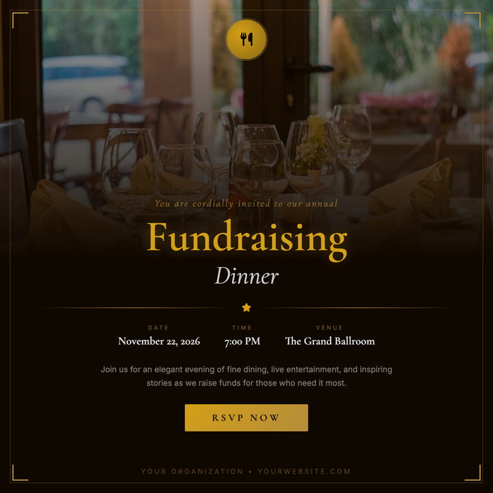 A formal, invitation-style flyer built on a deep warm-black canvas with antique-gold typography and a wax-seal motif.