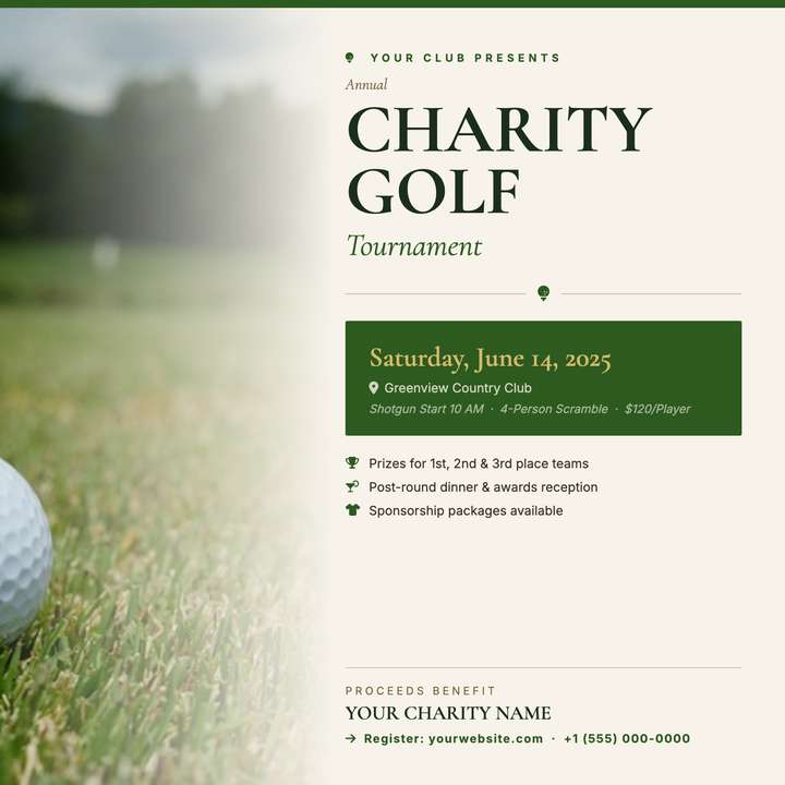 A warm cream and deep-green square layout built for golf and country-club charity events.