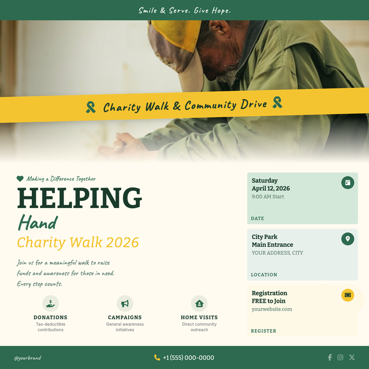 Built for community fundraisers and nonprofit events, this template pairs a full-width hero photo with a golden ribbon headline and structured logistics cards.