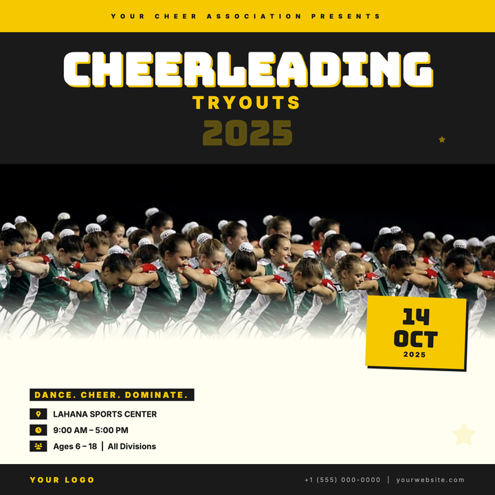 Built for cheer, dance, and squad tryout announcements, this bold template leads with a Bungee Inline headline at 72px against a near-black band, making the event name impossible to miss.
