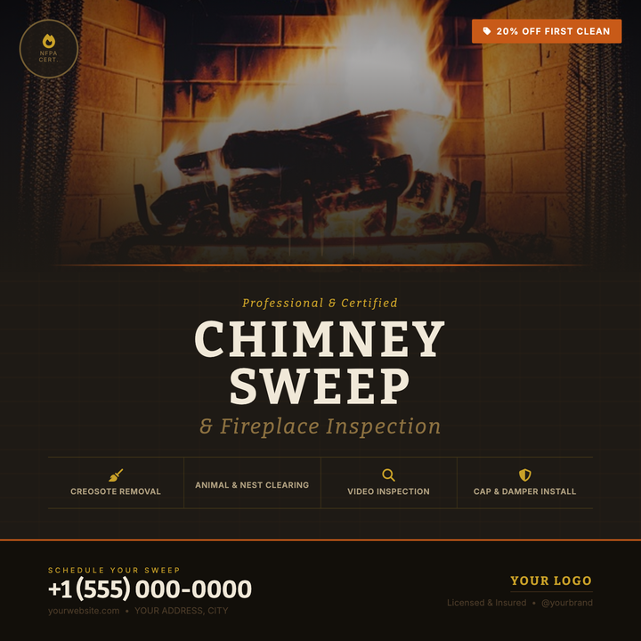 Built on a dark charcoal-and-warm-gold palette with Bitter serif display type, this template pairs a full-bleed photo zone with an ember-lit scrim and a four-column services row below.
