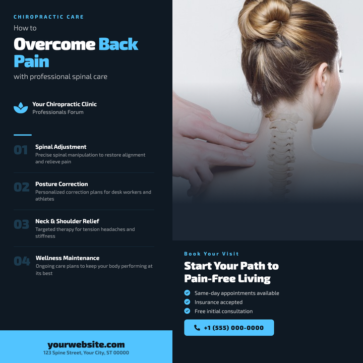 A dual-panel navy layout with a vertical spine motif bridges a bold headline and numbered services list on the left with a full-bleed practitioner photo on the right.