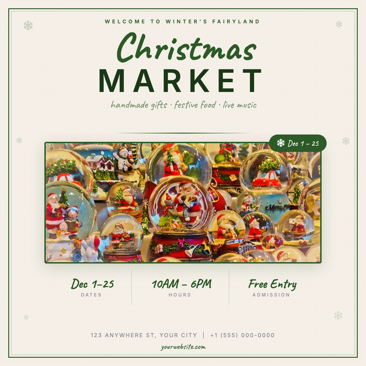 A warm cream-and-forest-green layout with hand-lettered Caveat script headlines and bold condensed type that evoke handcrafted holiday charm.