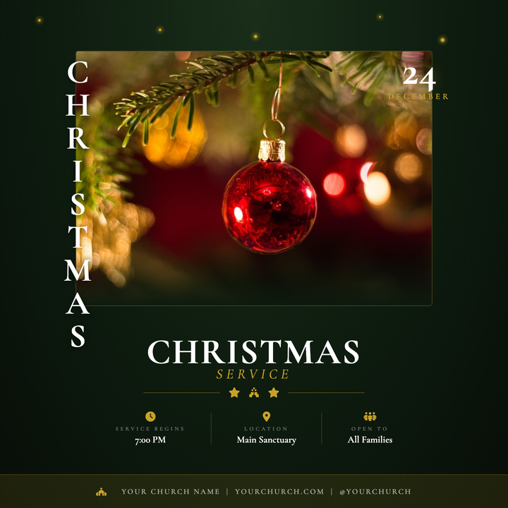 A reverent forest-green and antique-gold flyer built for Christmas Eve services, Advent gatherings, and choir concerts.