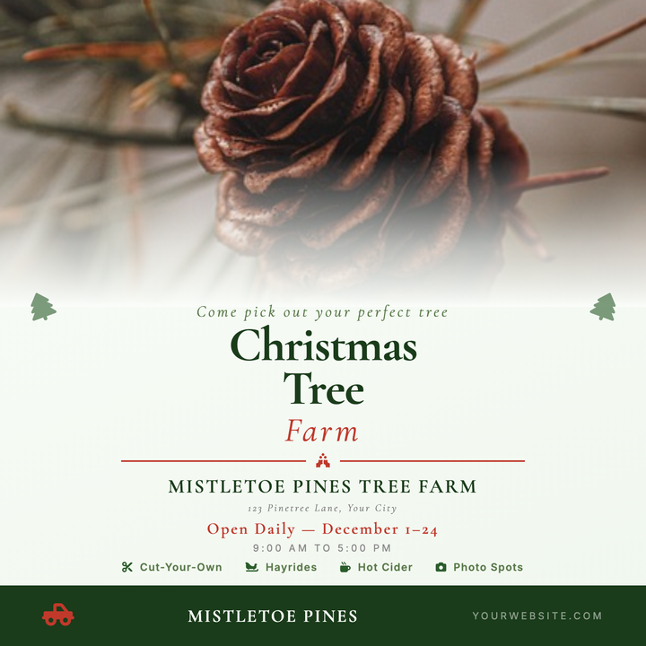 A square editorial layout built for Christmas tree farms and seasonal agritourism.