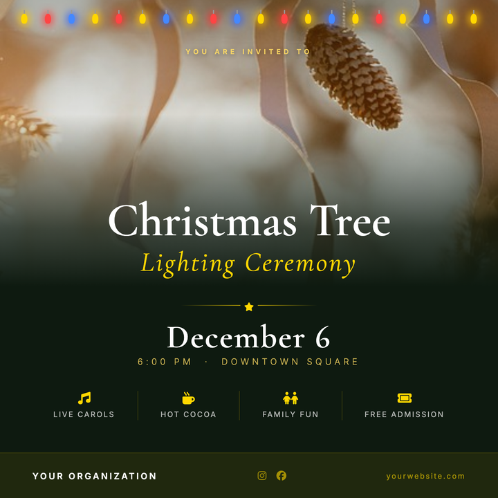 A ceremonial holiday flyer built on a deep forest-green canvas with Cormorant Garamond serif display type and decorative gold string-light motifs.