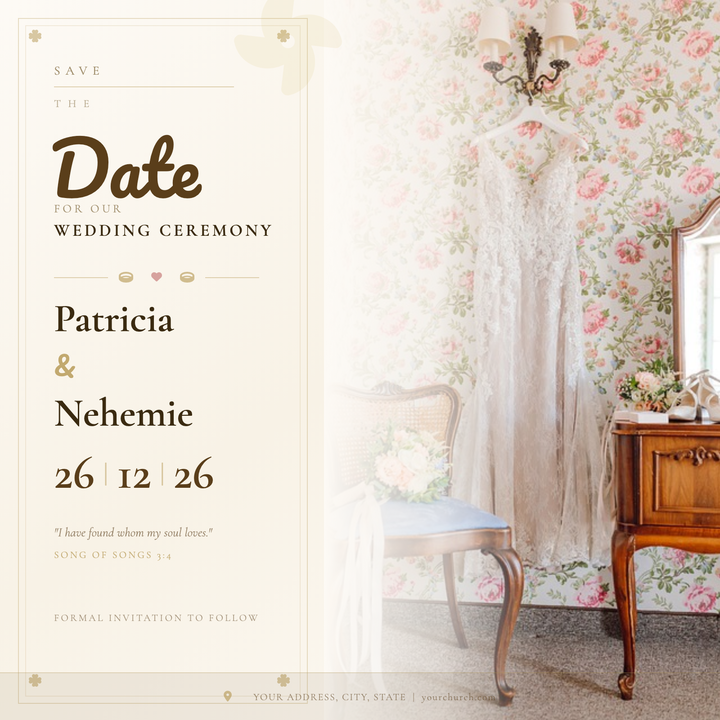 A formal save-the-date layout with a full-bleed couple photo on the right, softly dissolved into an ivory parchment panel via a warm gradient fade.