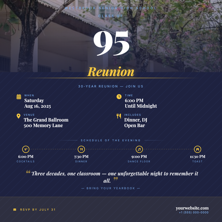A deep navy canvas with an oversized Playfair Display year numeral as the visual centerpiece, paired with a warm gold accent and a full-width photo strip with a bottom-fade scrim.