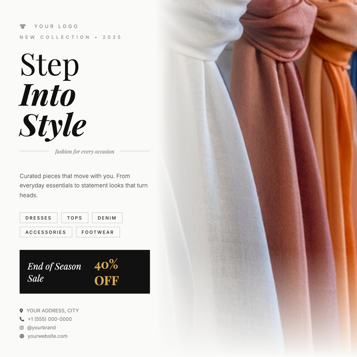 A split-canvas layout pairs an editorial model photo with a refined left column anchored by an oversized Playfair Display italic headline.