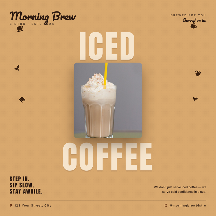 A bold split-headline layout pairs oversized Anton type ("ICED" + "COFFEE") in pale cream against a warm caramel field, sandwiching a centered hero product photo for a deliberate top-to-bottom visual read.