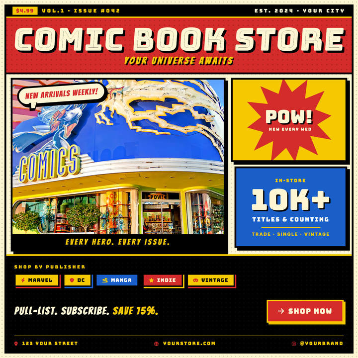 Built on a warm newsprint base with a halftone dot scrim and thick panel borders, this template channels authentic vintage comic-book energy.