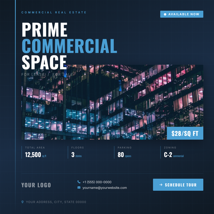 Built for leasing brokers and commercial real estate firms, this template pairs a bold 64px Oswald headline with a dominant full-width photo card and a four-column specs grid for data-forward listings.