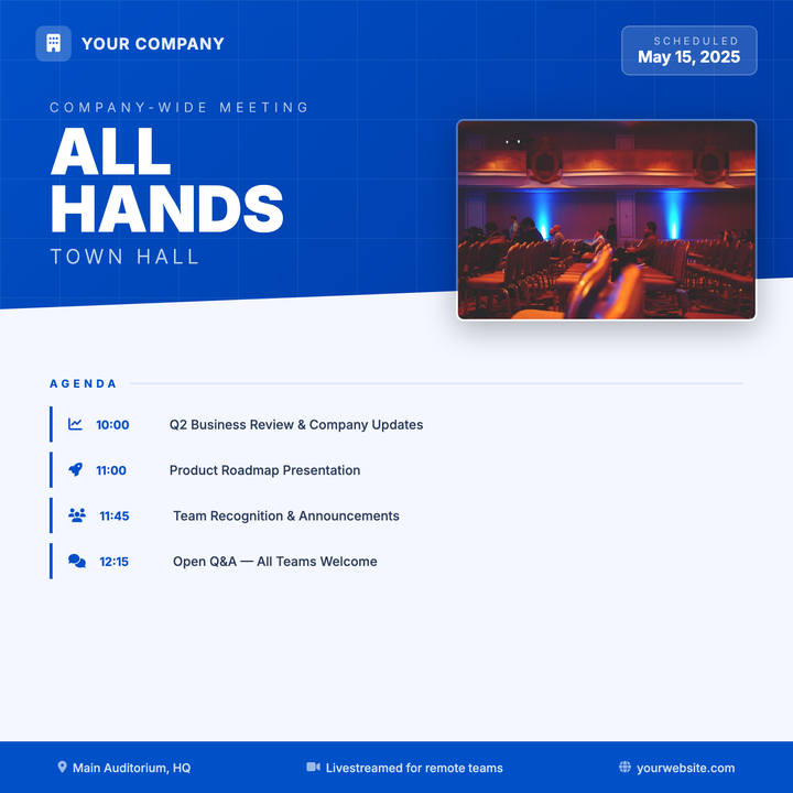 A structured, executive-facing layout built around a deep corporate-blue gradient hero band with a diagonal cut that transitions into a clean agenda section below.