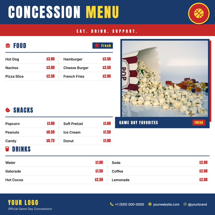 Bold navy, crimson, and gold layout built for high-traffic sporting events and fundraiser nights.