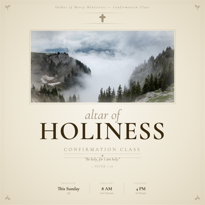 A stately parchment-toned flyer built for confirmation announcements and faith-formation events.