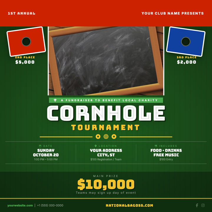 Bold red-and-blue cornhole board graphics anchor this grass-green 800×800 layout, built for outdoor tournaments and charity game-day events.