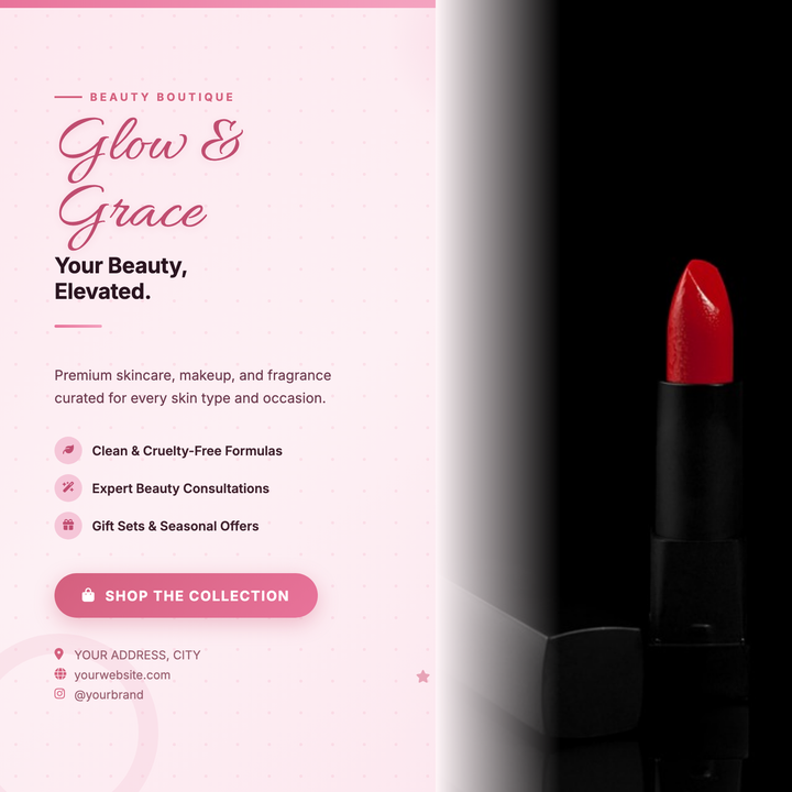 A split-panel layout with a blush-pink gradient background and soft photo dissolve makes product shots and model portraits the focal point.