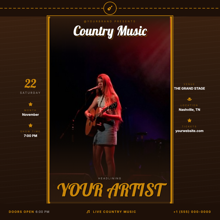 Built for country music nights and Americana live events, this template wraps a vertical artist photo in a rich wood-grain canvas with an amber-gold double-ring frame.