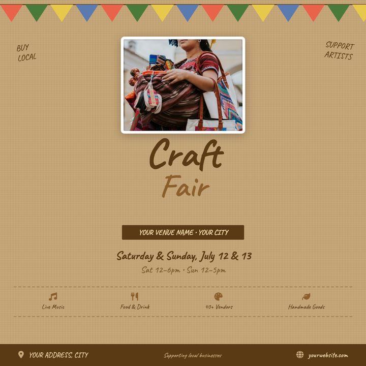 A warm kraft-paper canvas with SVG bunting, a rounded photo card, and Caveat handwritten typography sets a handmade, community feel instantly.