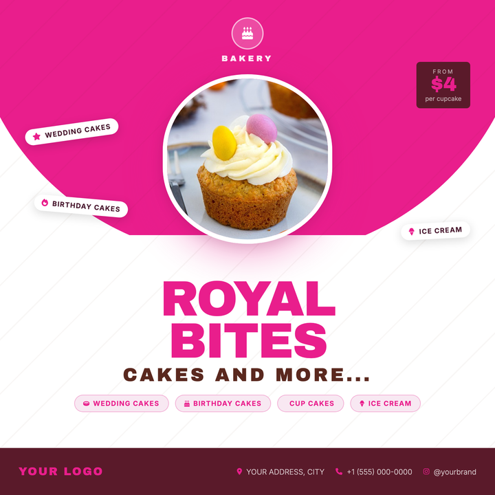 A bold social-square layout built around an elliptical product photo frame with a deep pink drop-shadow, set against a hot-pink top panel and clean white lower half.