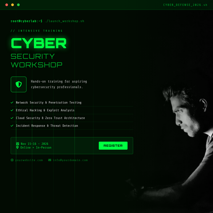 Built for ethical hacking bootcamps, CTF competitions, and red-team trainings, this template channels a CLI-coded aesthetic with neon-green Orbitron headlines, Matrix rain CSS columns, and a dark #020b02 canvas.