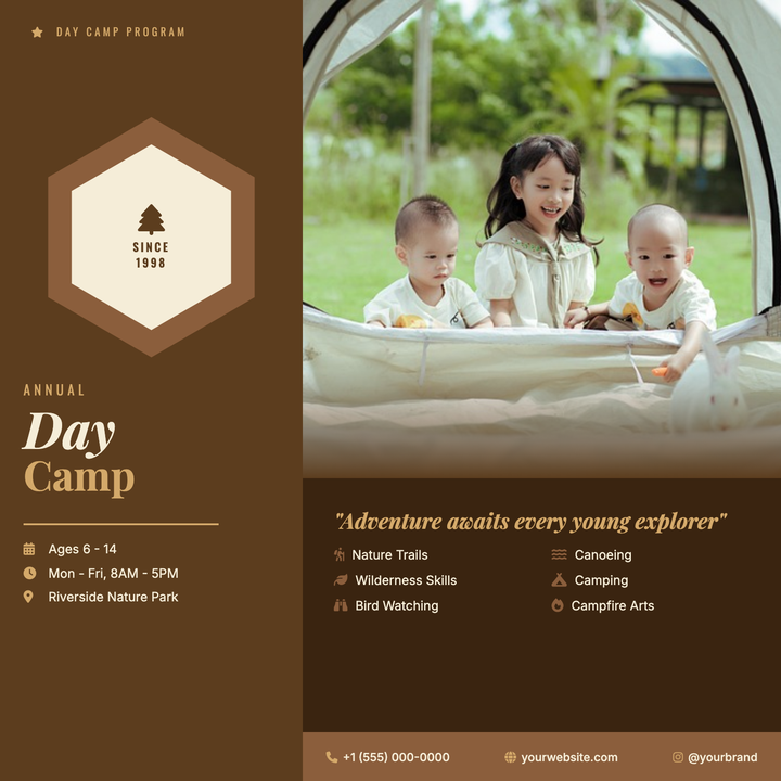 Built for outdoor youth programs, this square flyer pairs a full-bleed nature photo with a rustic earth-tone layout anchored by saddle brown and espresso panels.