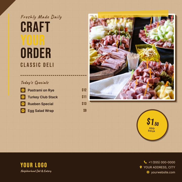 A kraft-paper textured layout with Bebas Neue headlines, dashed dividers, and a rotated stamp badge that telegraphs handcrafted, old-school character.