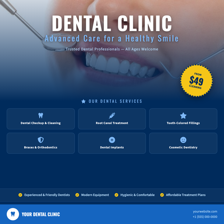 A deep-navy canvas blends a dental-office photo into a structured service grid via a seamless gradient overlay, keeping the layout clinical yet approachable.