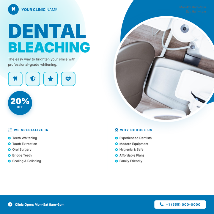 A clean, clinical-friendly layout built around a bold cyan-and-blue headline, circular patient portrait, and a prominent discount badge — ideal for whitening promos or treatment offers.