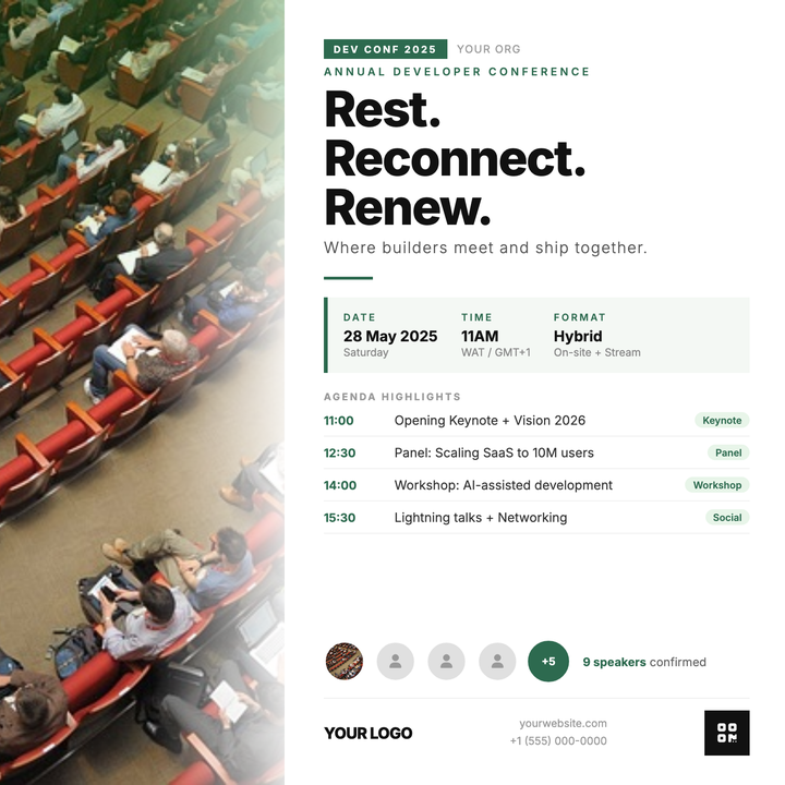 A magazine-style, two-zone layout built for developer conferences and engineering summits that need to surface agenda, speakers, and logistics at a glance.