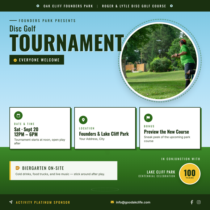 Built for local tournaments and park course events, this flyer pairs a bold Oswald headline stack with a circular hero photo framed by a dashed disc ring.