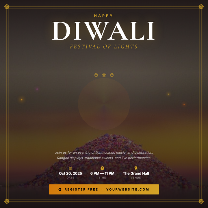 A deep-canvas Diwali invitation built around a 110 px Cormorant Garamond headline, layered gold double-rule border, and dharmachakra corner ornaments.