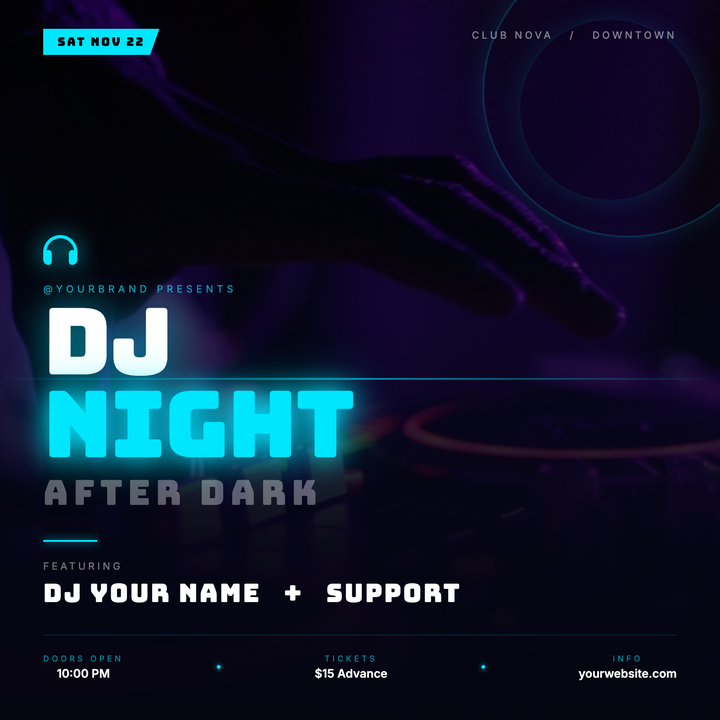 Built on a deep navy-black canvas with a vivid cyan accent, this template layers a full-bleed photo under a dark gradient scrim, keeping bold Bungee headlines and DJ details crisp and legible.