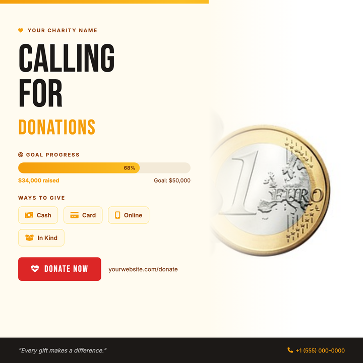 A warm amber-and-cream square layout built for charity asks and community fundraisers.
