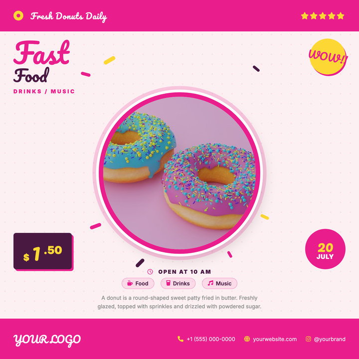 A playful retro-style flyer built around a bold circular food photo framed in hot pink, scattered sprinkle accents, and a halftone dot background.