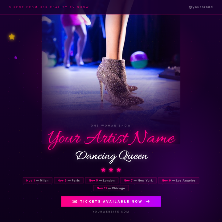 A glamorous square flyer built around a full-bleed portrait crop with magenta and violet radial glows bleeding through a deep violet-black background.