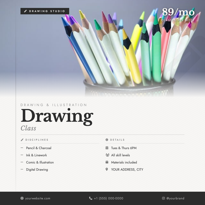 An editorial-style square flyer built for adult drawing courses and studio workshops.
