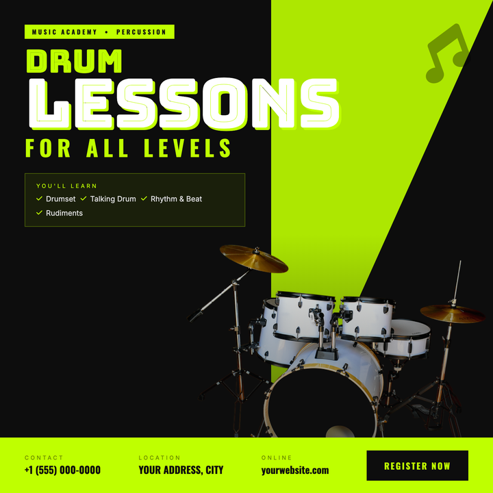A high-energy two-tone layout built for drum instructors and music academies.