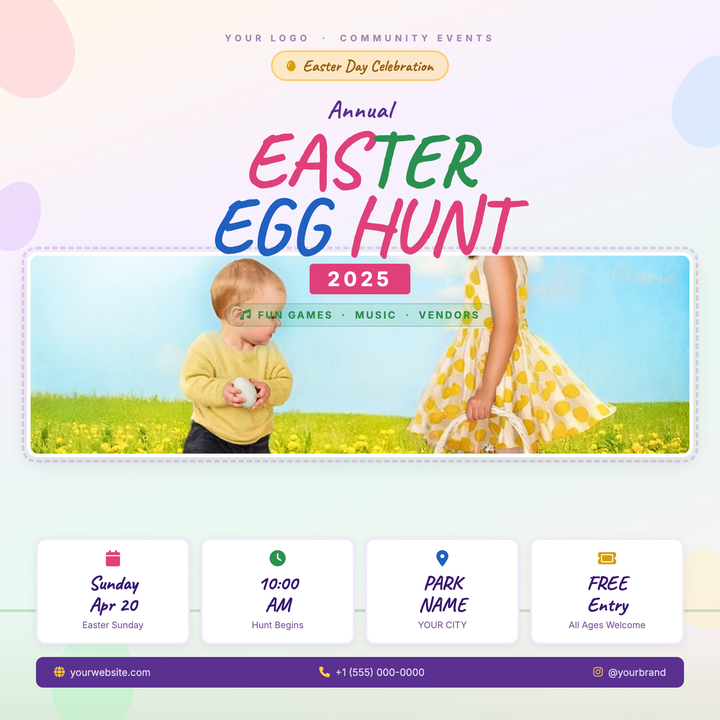 Bold 86px Caveat cursive headlines in deep purple, rose, and forest green anchor a warm pastel gradient canvas, while five translucent CSS eggs add festive depth.