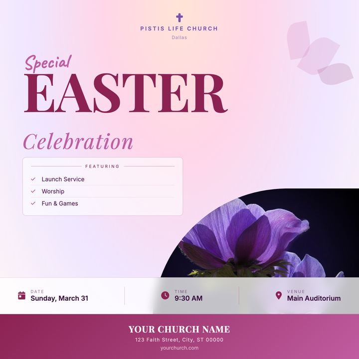 A pastel sunrise gradient โ peach through lavender โ sets a warm, celebratory mood for your Easter service announcement.