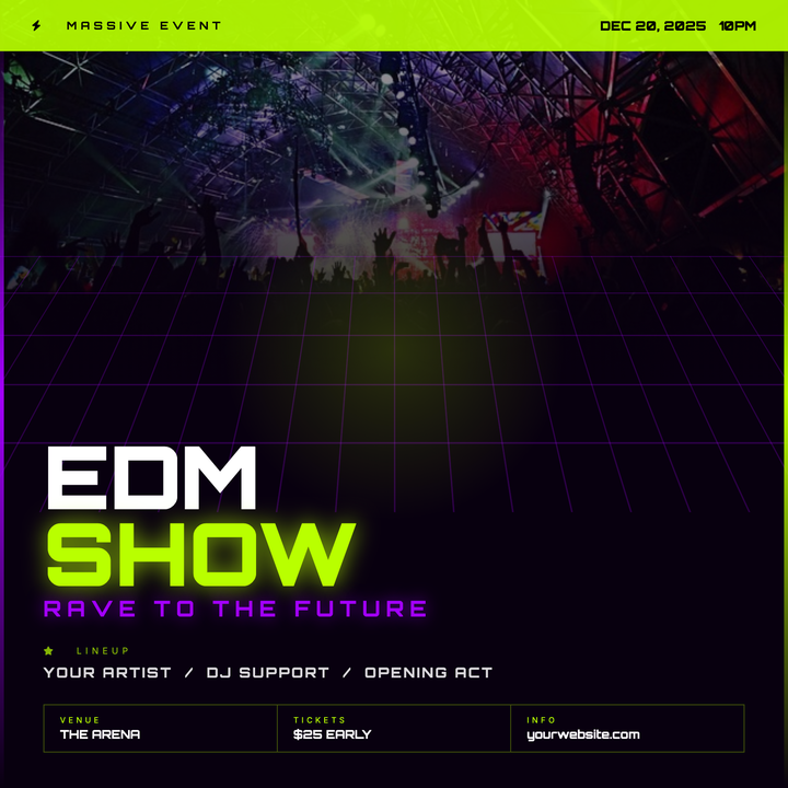 Built for DJ nights, raves, and club promos, this template pairs Orbitron type with an acid-green-on-near-black palette that pops at 2 AM.