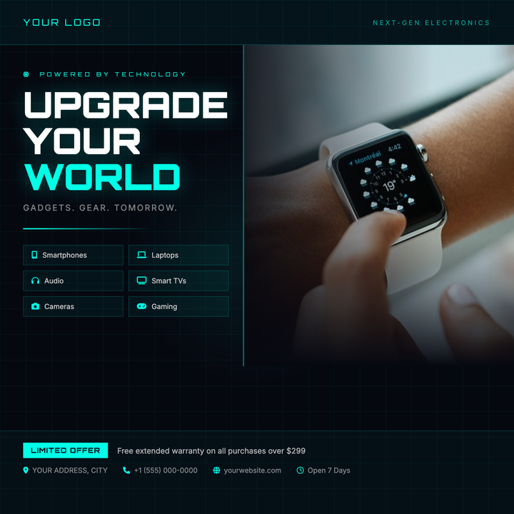 A dark, futurist layout built for tech retailers and product launch promos.
