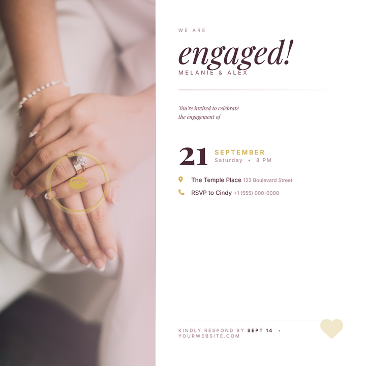 A split-panel layout pairs a full-bleed couple's photo with an elegant right column in crisp white, anchored by Playfair Display italic headlines and Inter detail lines.