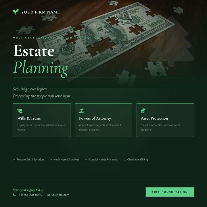 A deep emerald canvas with a ghost tree watermark and serif display headline projects quiet authority for law firms and fiduciary practices.