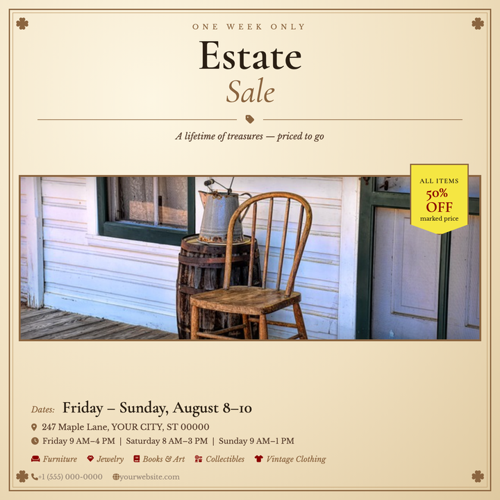 Built on an aged-paper radial gradient with Cormorant Garamond display type, this template layers a double-rule decorative border, a full-bleed photo strip, and a clipped price-tag callout for time-limited urgency.